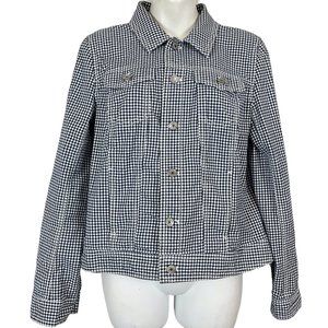 Talbots Womens Gingham Plaid Button Down Stretch Cotton Jacket Navy Blue sz L
